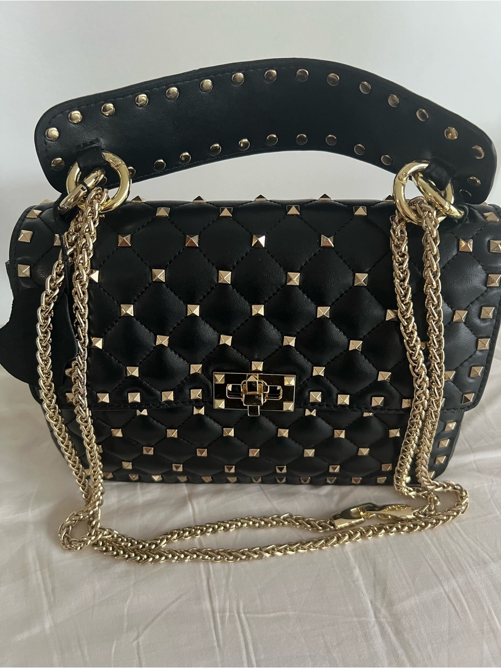Black Quilted Shoulder Bag with Gold Stud Accents